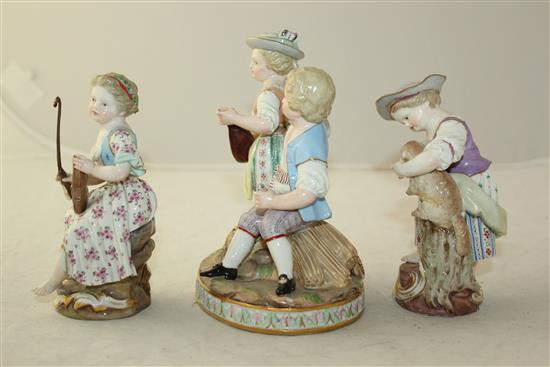 Two Meissen figures and a similar group, 19th century, 12.5cm, some damage